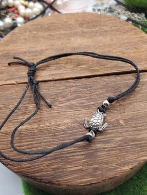 Handmade Black Cord Turtle Bracelet with Silver Charm B3436